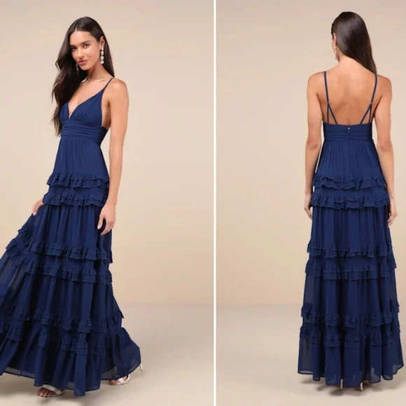 LULU's Sexy FLowy Elegant Prom Wedding Boho Romantic Tiered Ruffles Maxi Dress - Picture 4 of 4